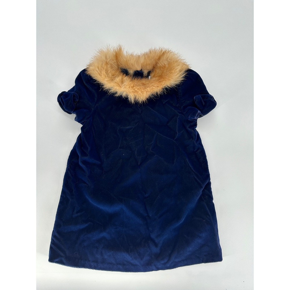 Janie and Jack Kids Girls Velvet Dress Fur Collar Bows‎ Navy Blue Size 18-24 Mos